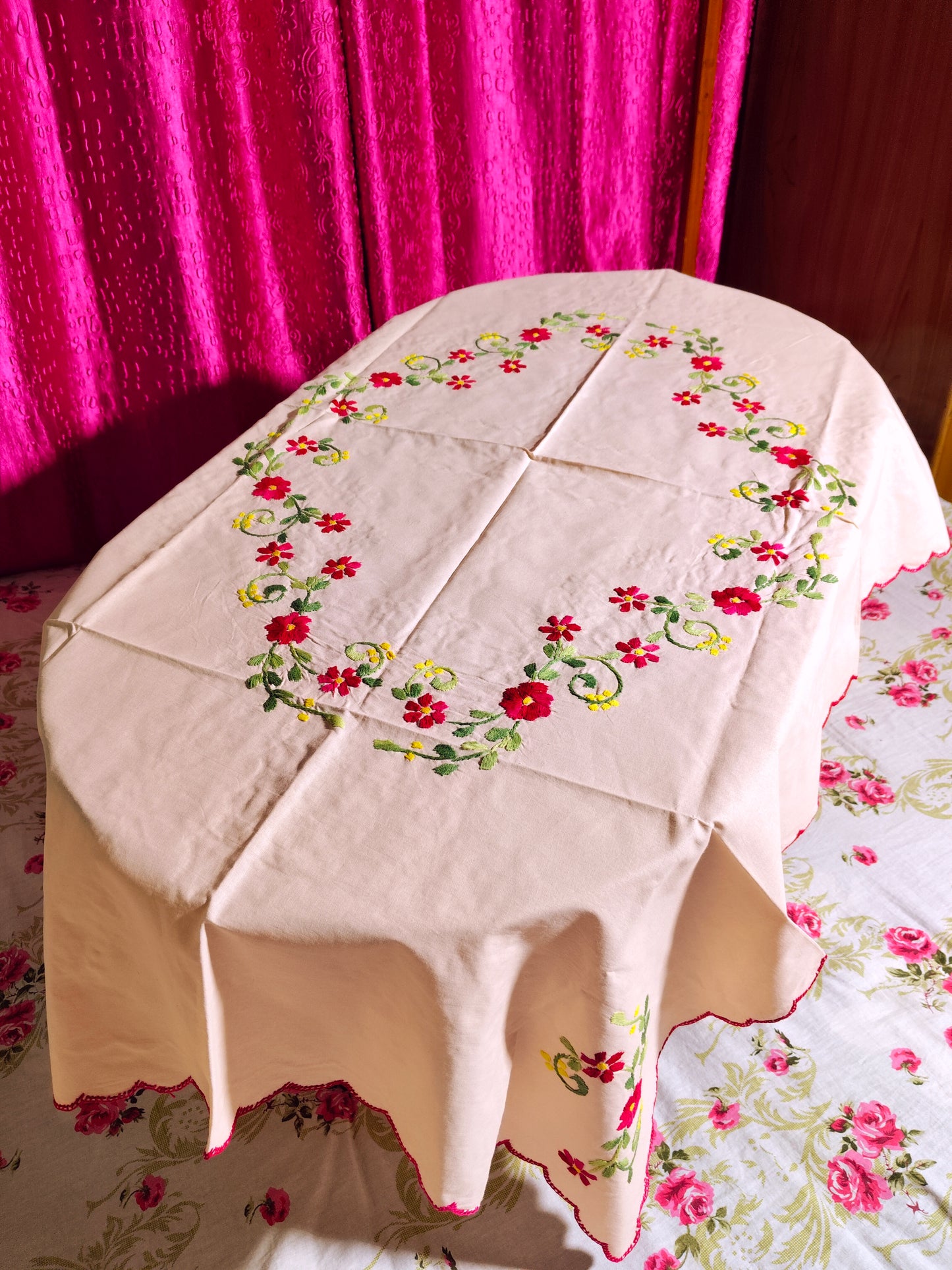 Hand Embroidered Floral Table Cover