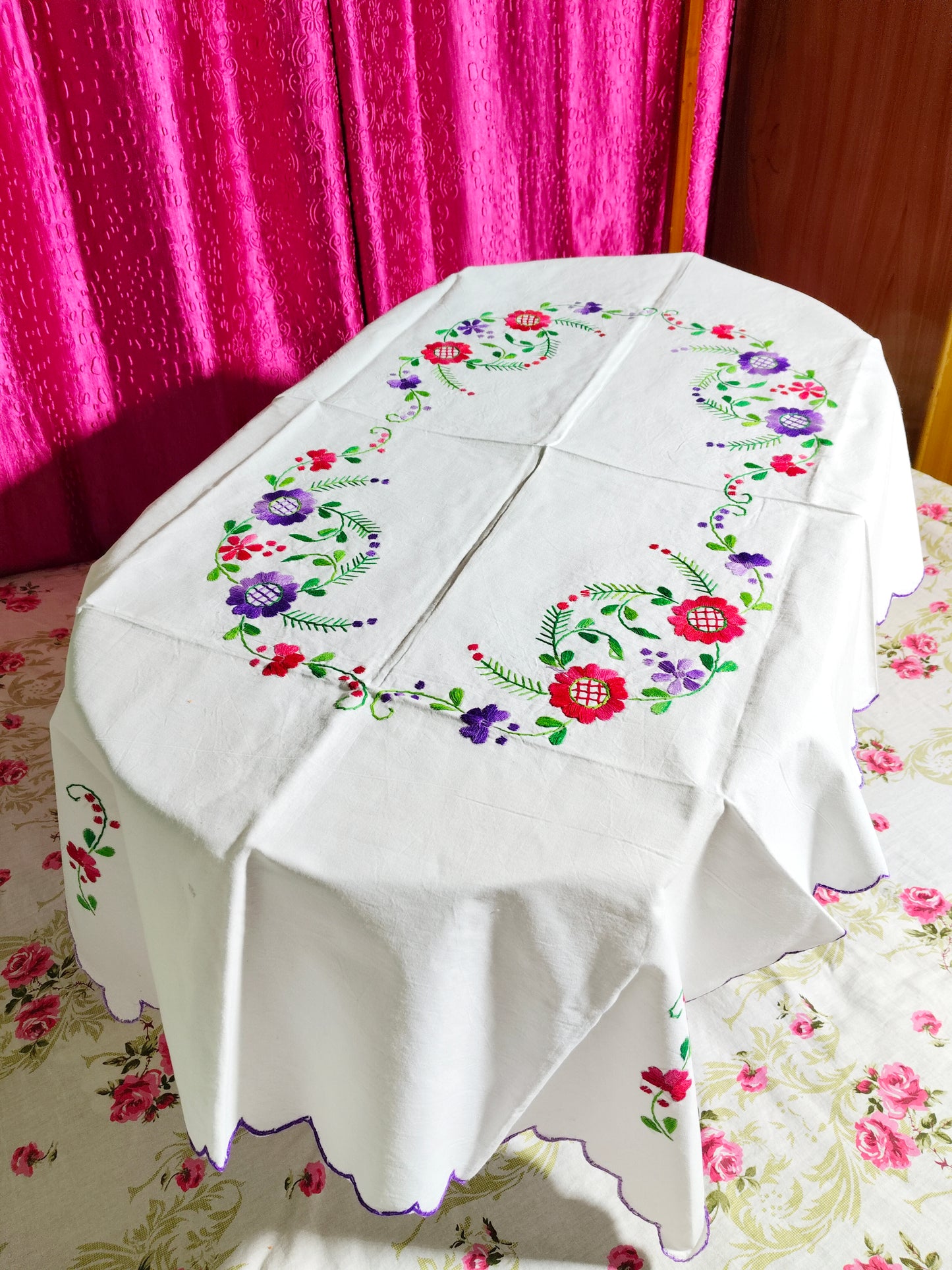Hand Embroidered Four Seater Floral Table Cover