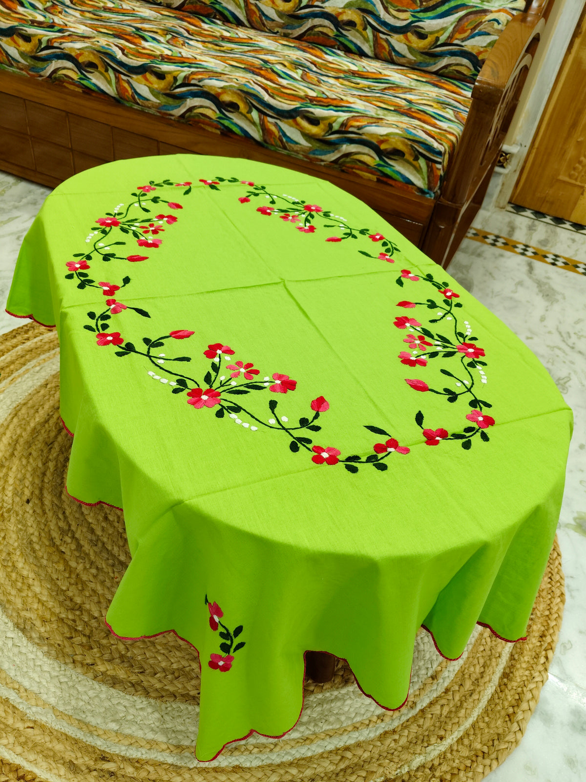 Hand Embroidered Four Seater Floral Table Cover