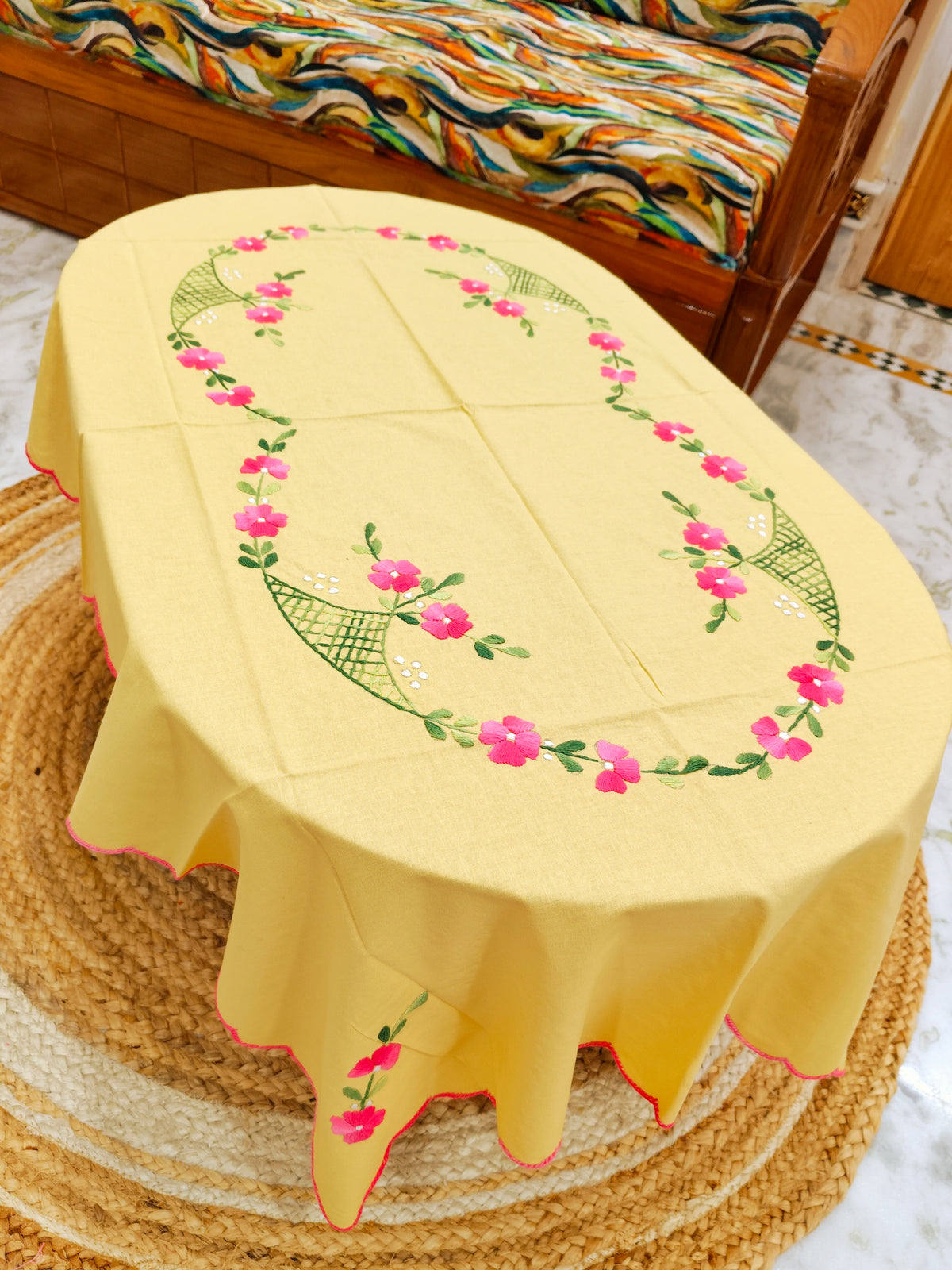 Hand Embroidered Four Seater Floral Table Cover