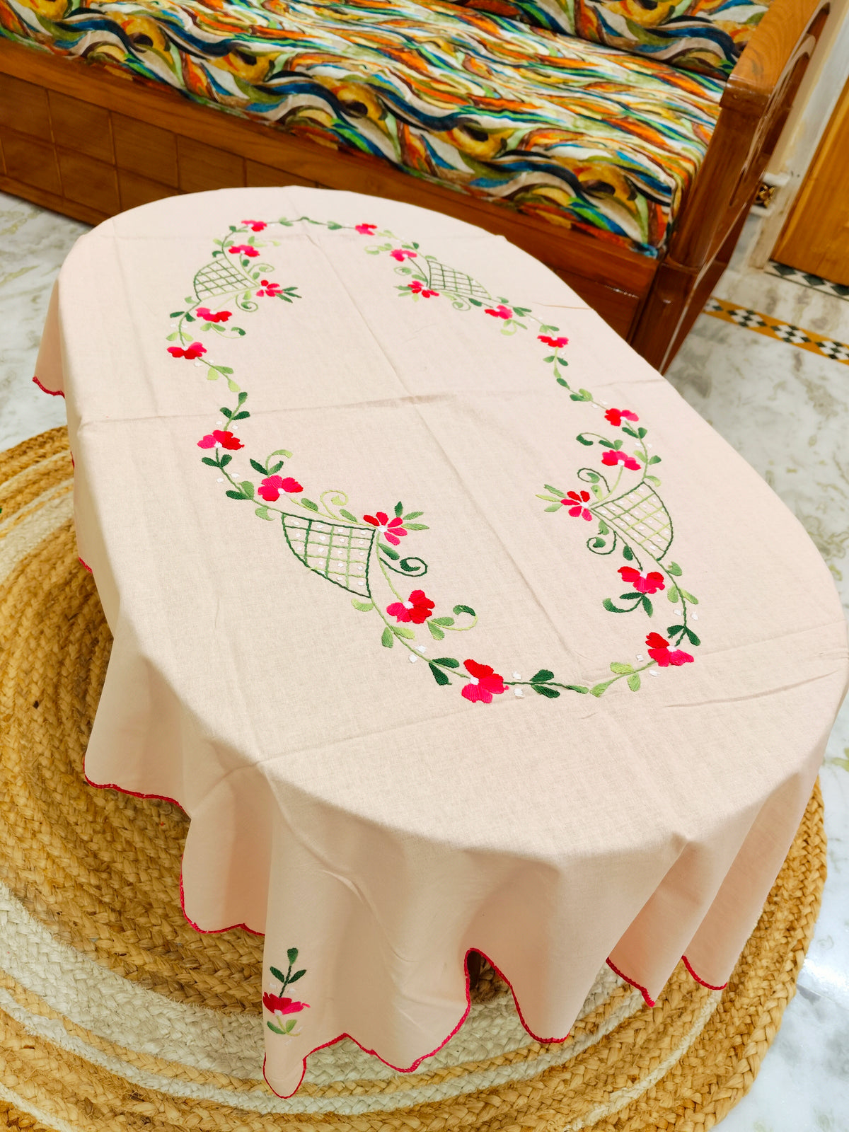 Hand Embroidered Four Seater Floral Table Cover