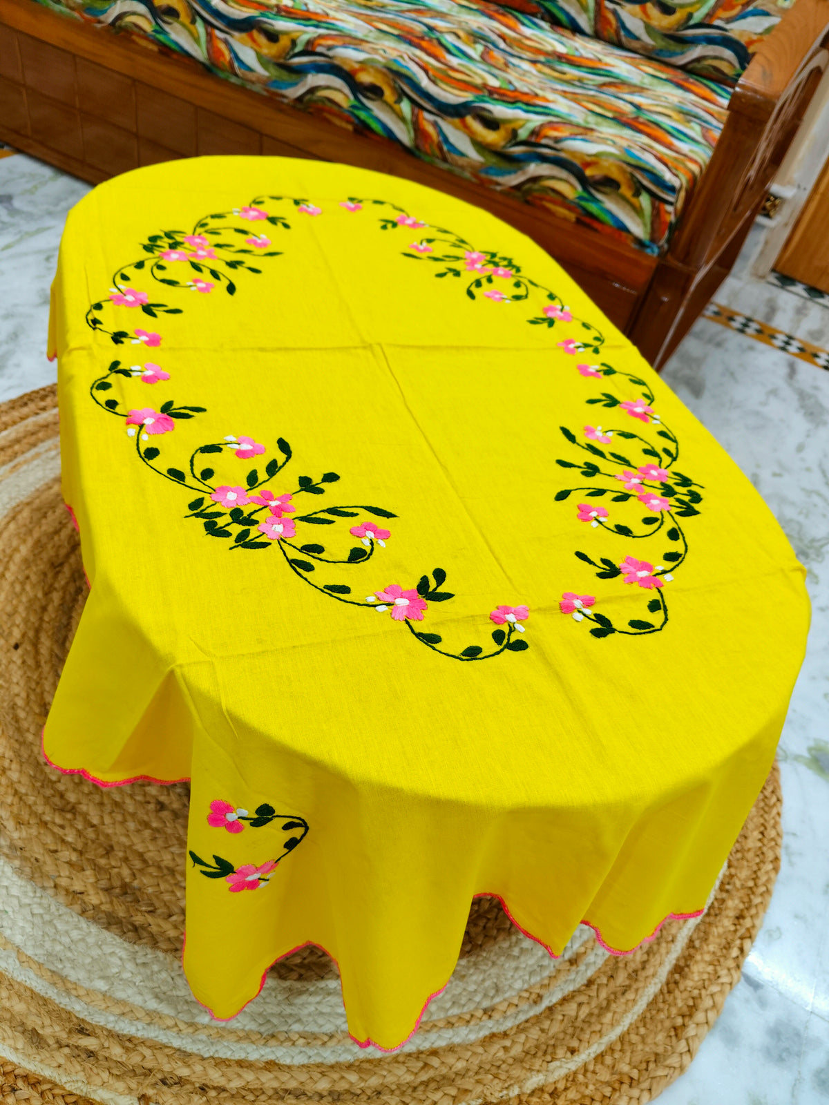 Hand Embroidered Four Seater Floral Table Cover
