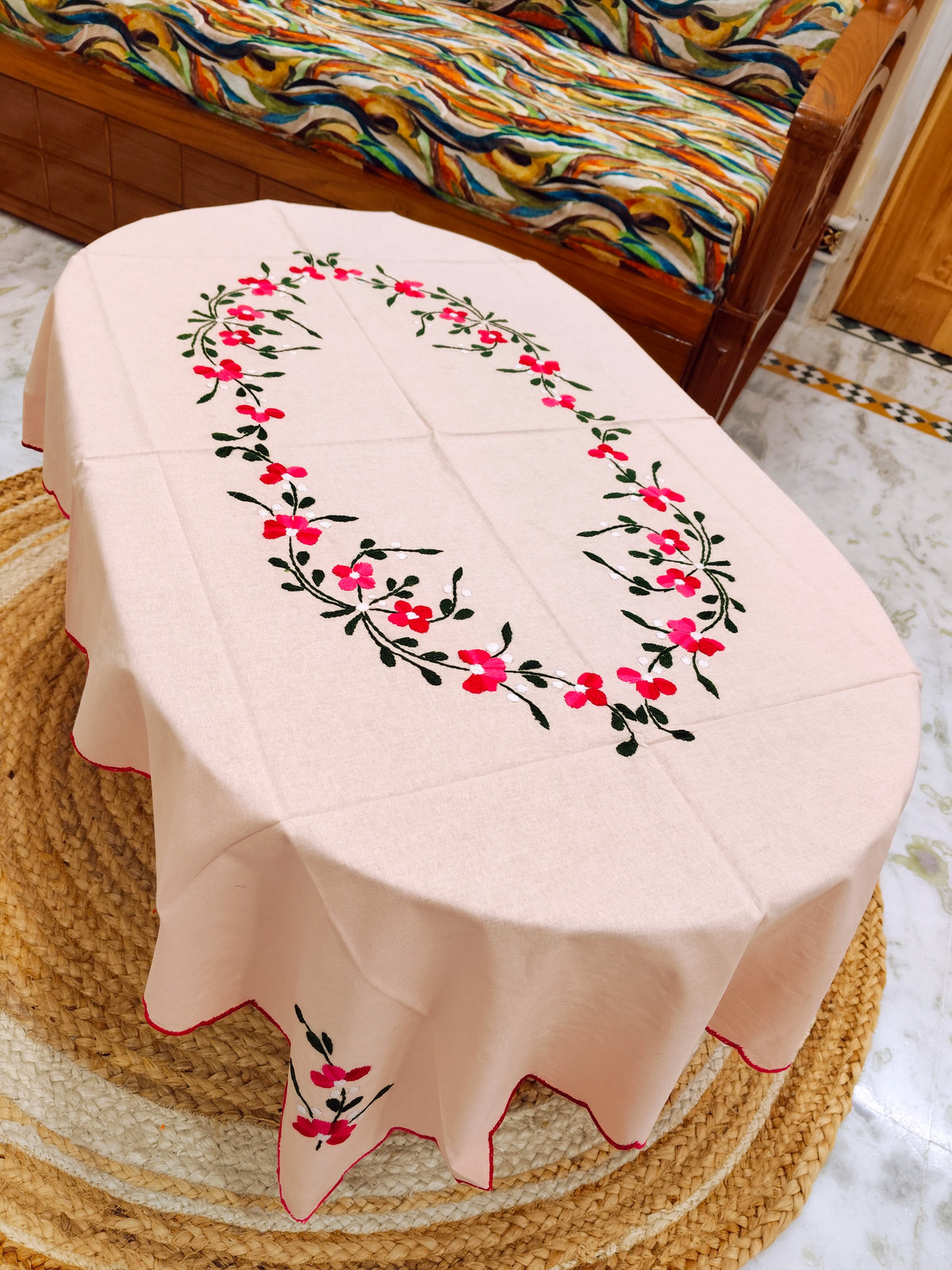 Hand Embroidered Four Seater Floral Table Cover