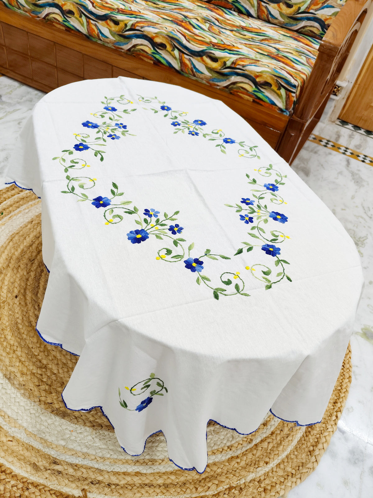 Hand Embroidered Four Seater Floral Table Cover