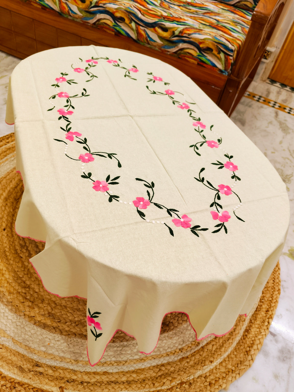 Hand Embroidered Four Seater Floral Table Cover