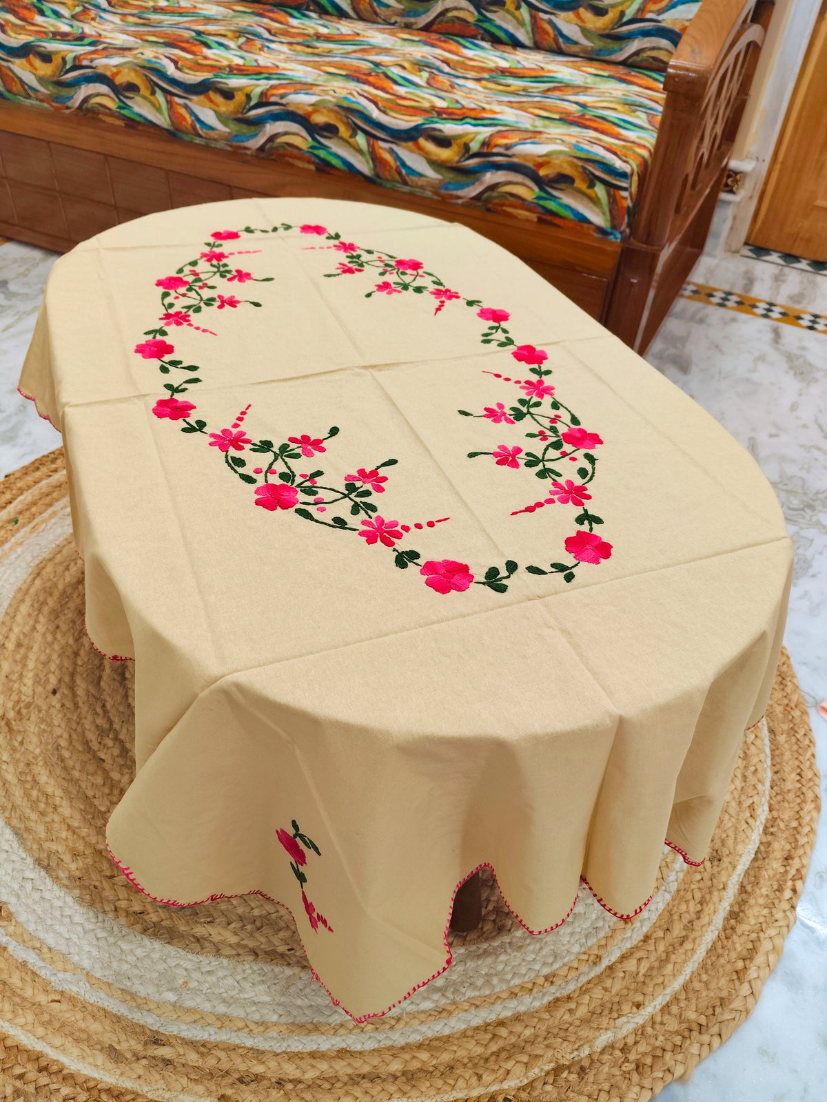 Hand Embroidered Four Seater Floral Table Cover