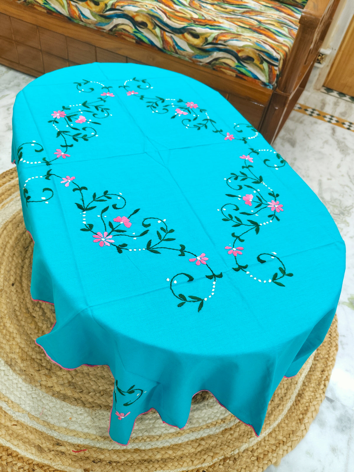 Hand Embroidered Four Seater Floral Table Cover