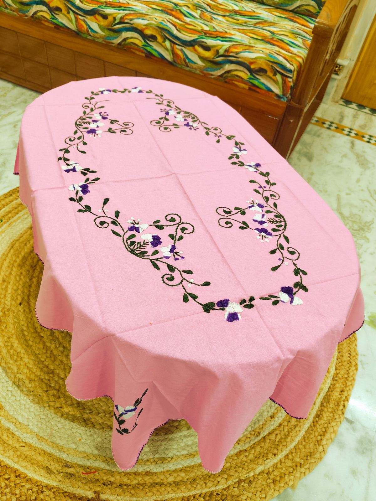 Hand Embroidered Four Seater Floral Table Cover