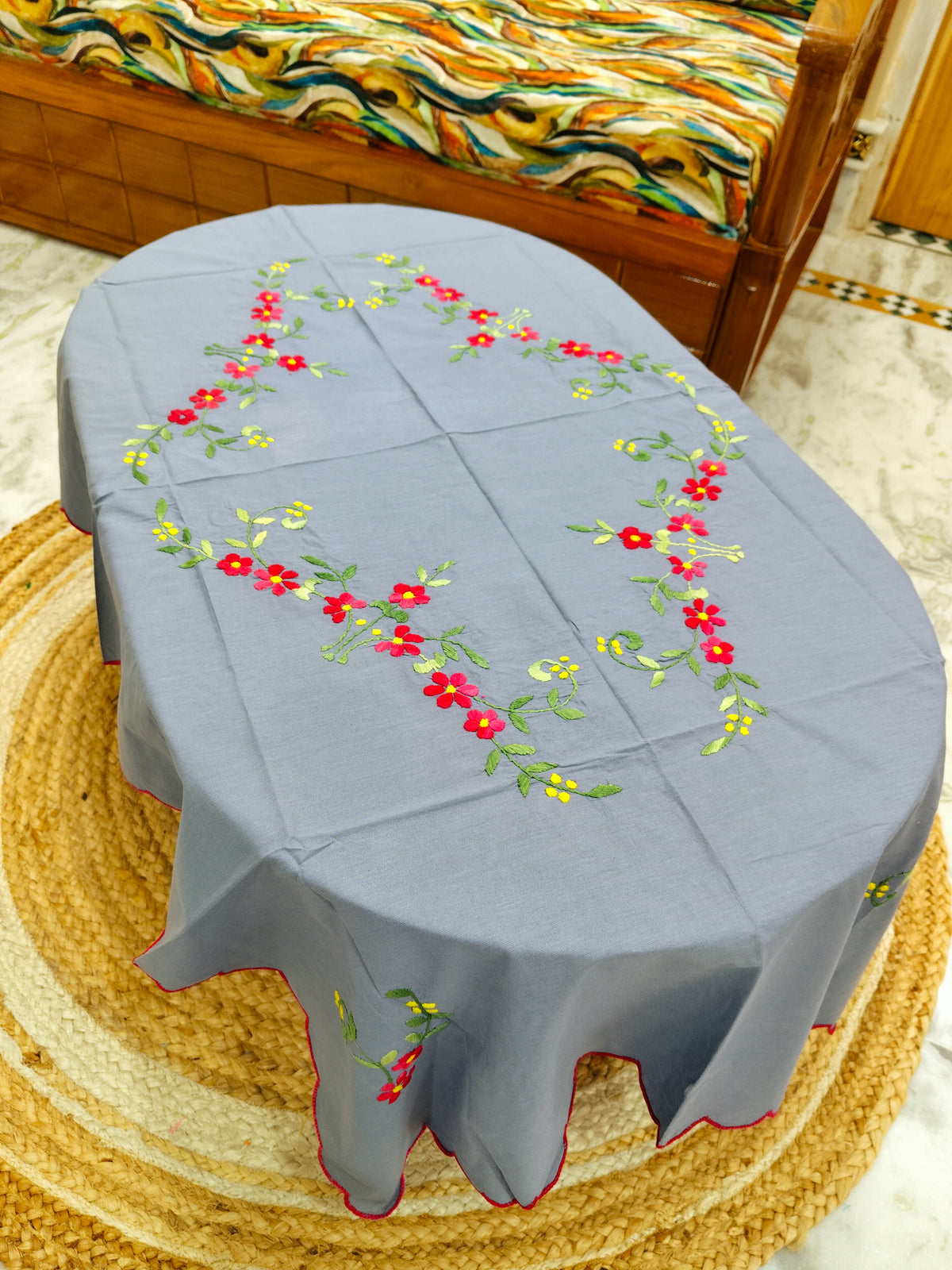 Hand Embroidered Four Seater Floral Table Cover