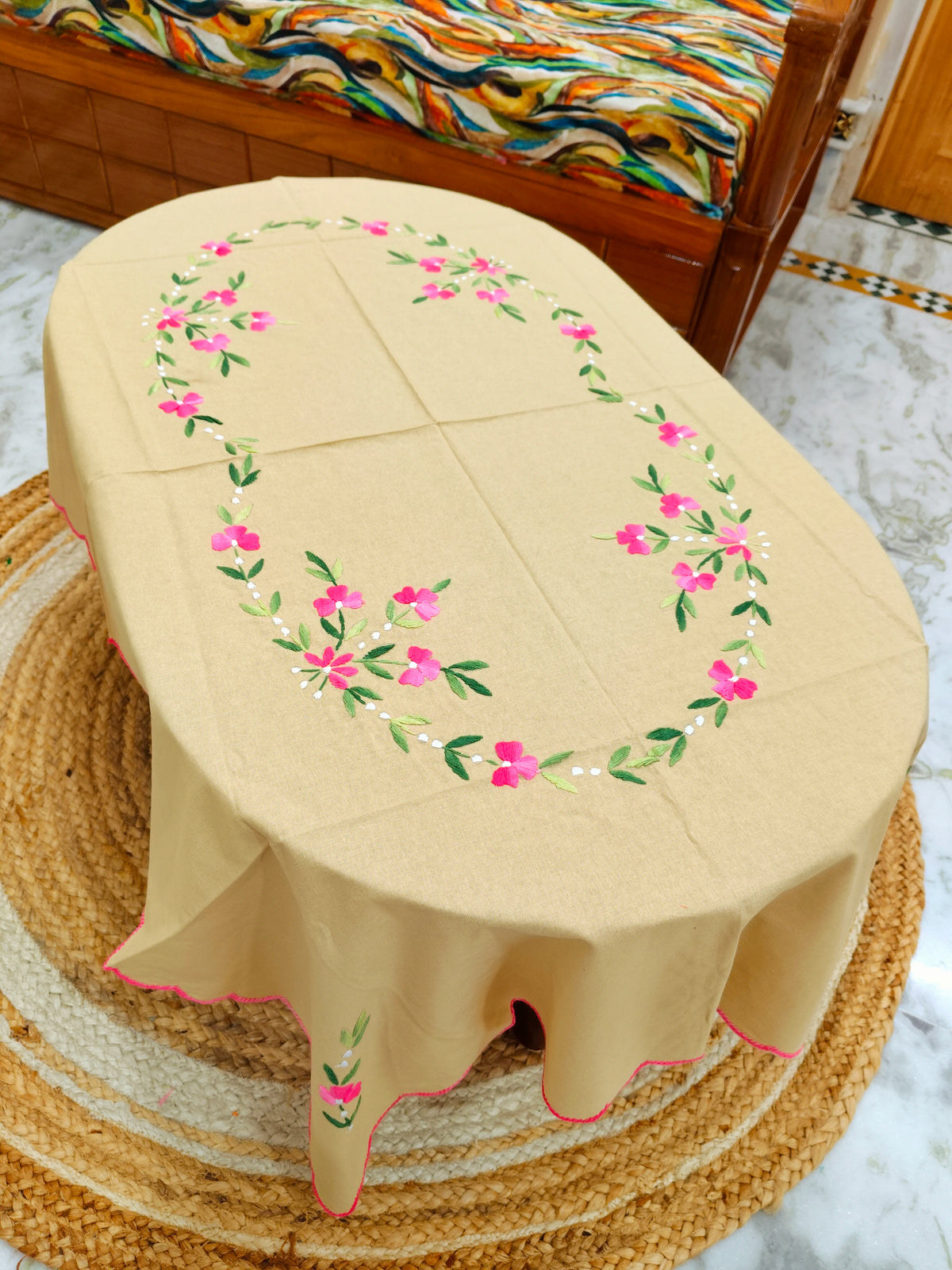 Hand Embroidered Four Seater Floral Table Cover