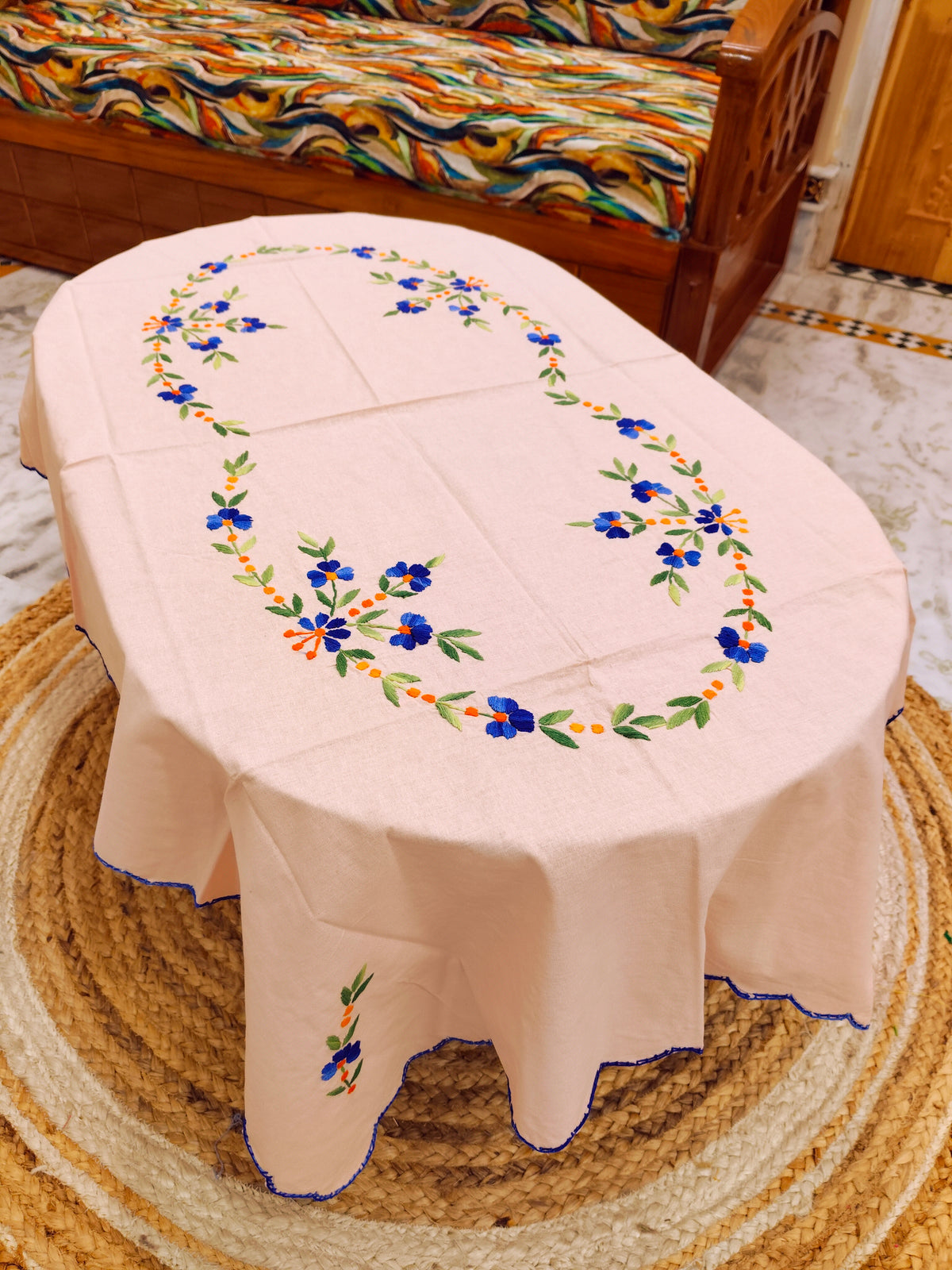 Hand Embroidered Four Seater Floral Table Cover