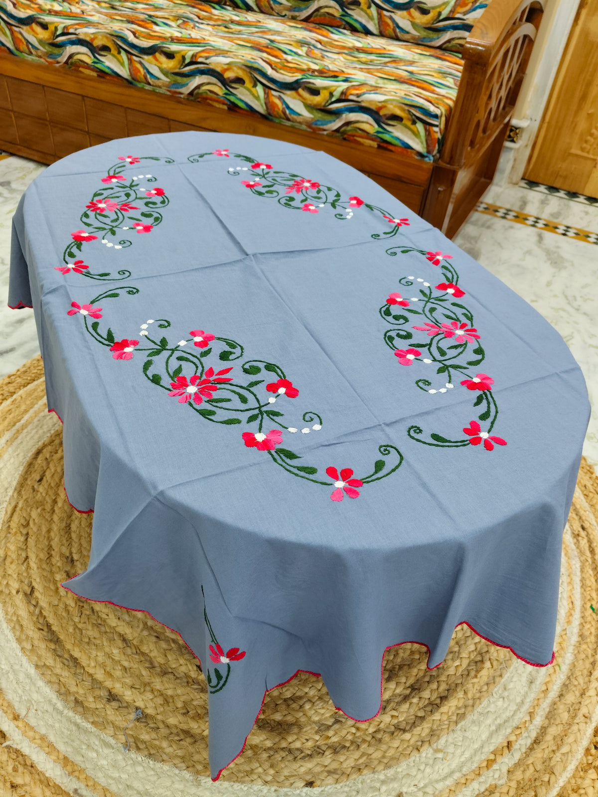 Hand Embroidered Four Seater Floral Table Cover