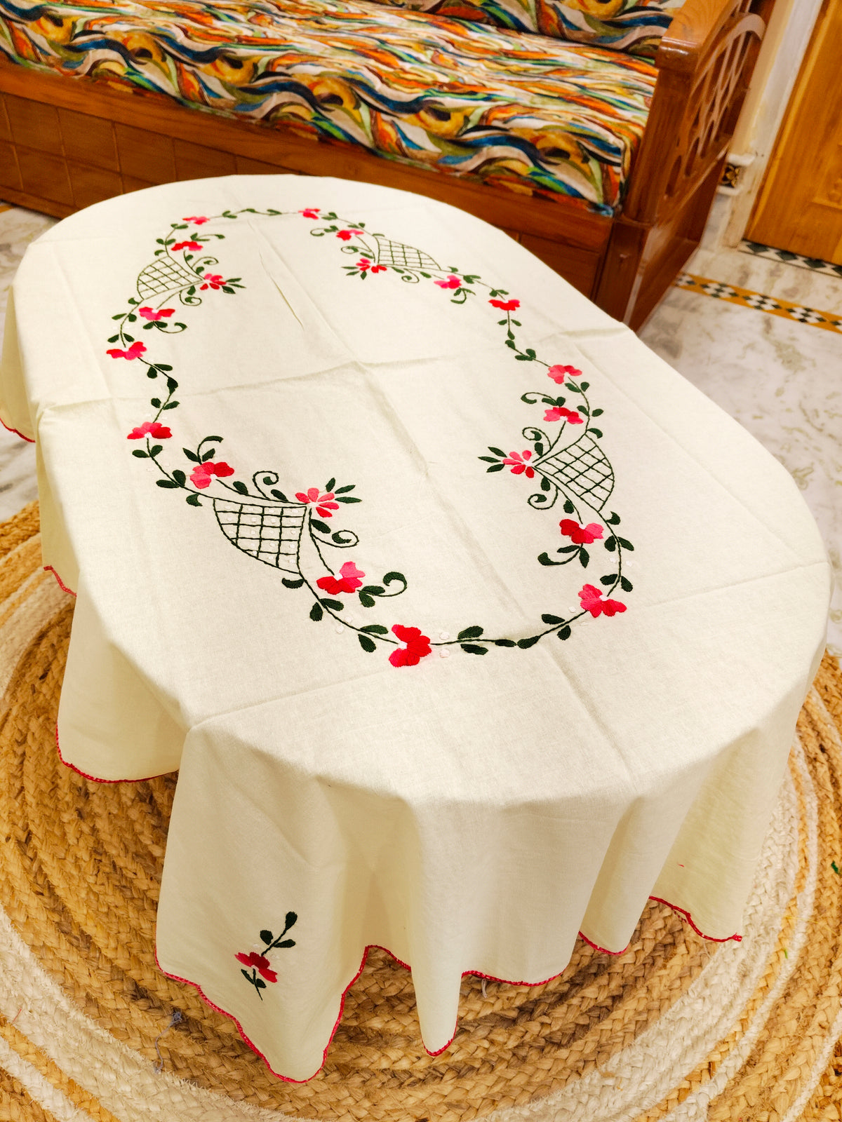 Hand Embroidered Four Seater Floral Table Cover