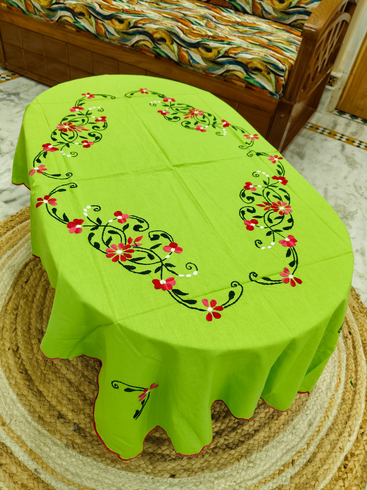 Hand Embroidered Four Seater Floral Table Cover