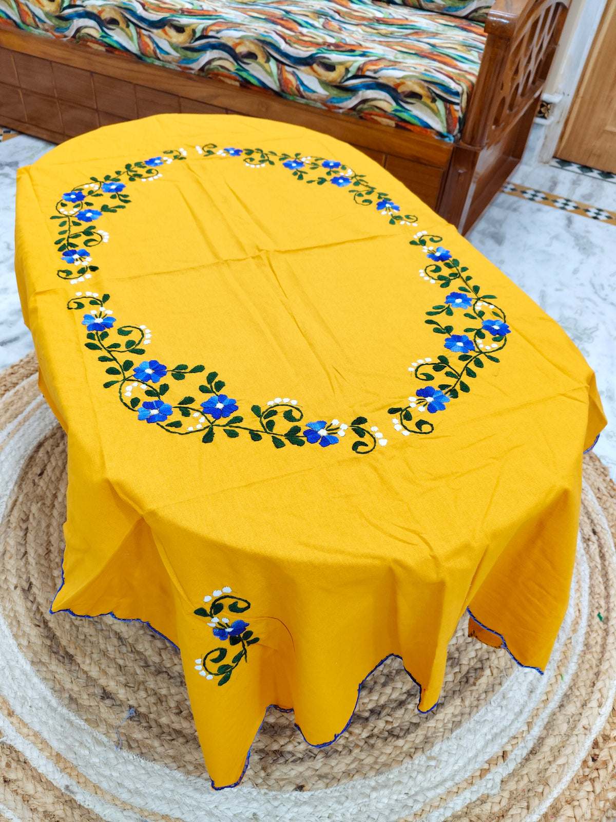 Hand Embroidered Four Seater Floral Table Cover