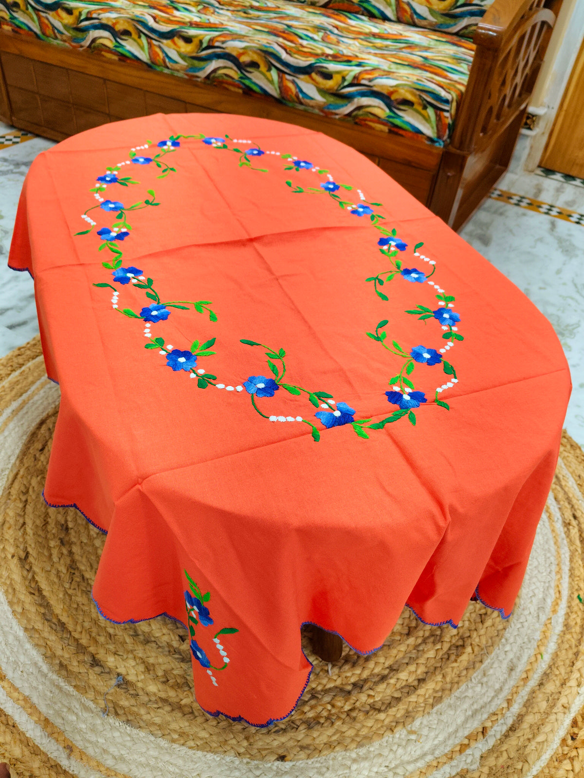 Hand Embroidered Four Seater Floral Table Cover