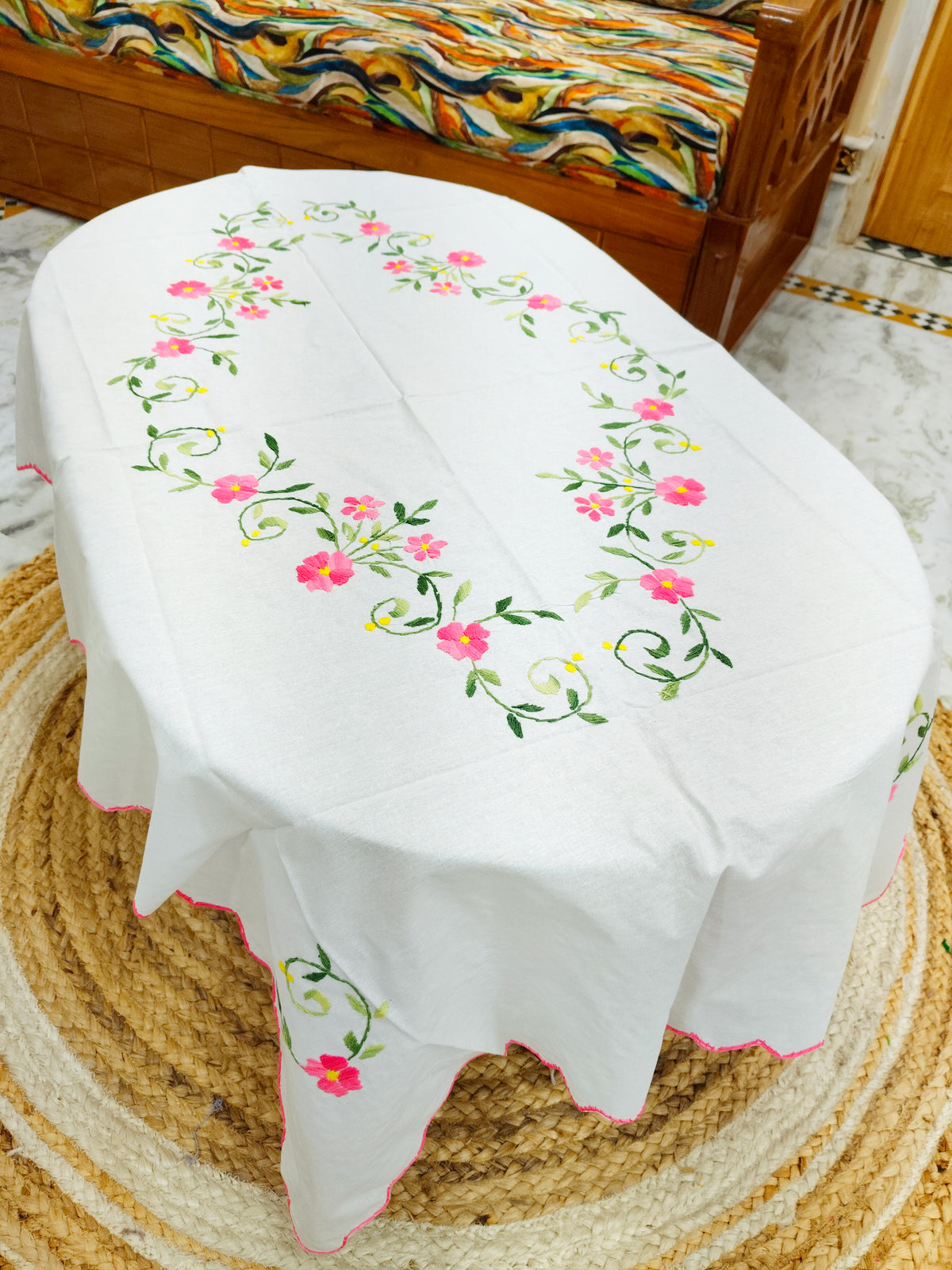 Hand Embroidered Four Seater Floral Table Cover