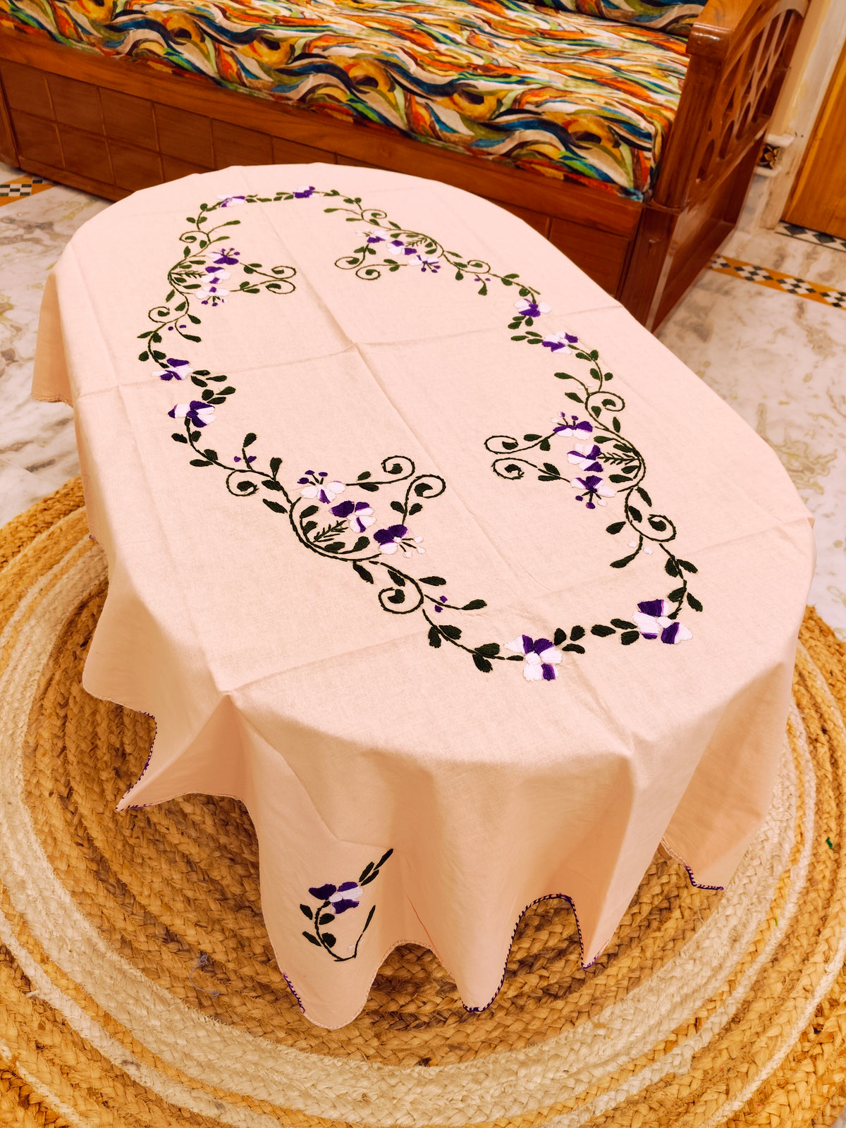 Hand Embroidered Four Seater Floral Table Cover