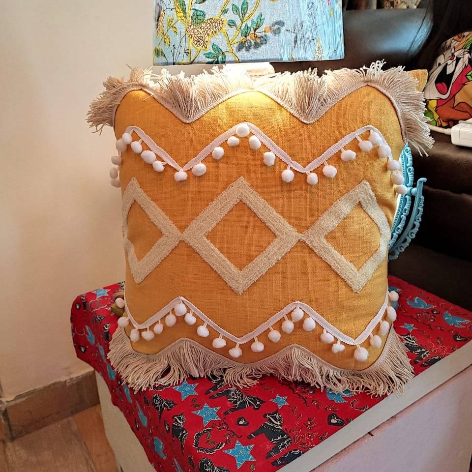 Chikonwala's Aari work with Pom Pom & Frill Cushion Cover (Set of 2 || 40x40 cm)