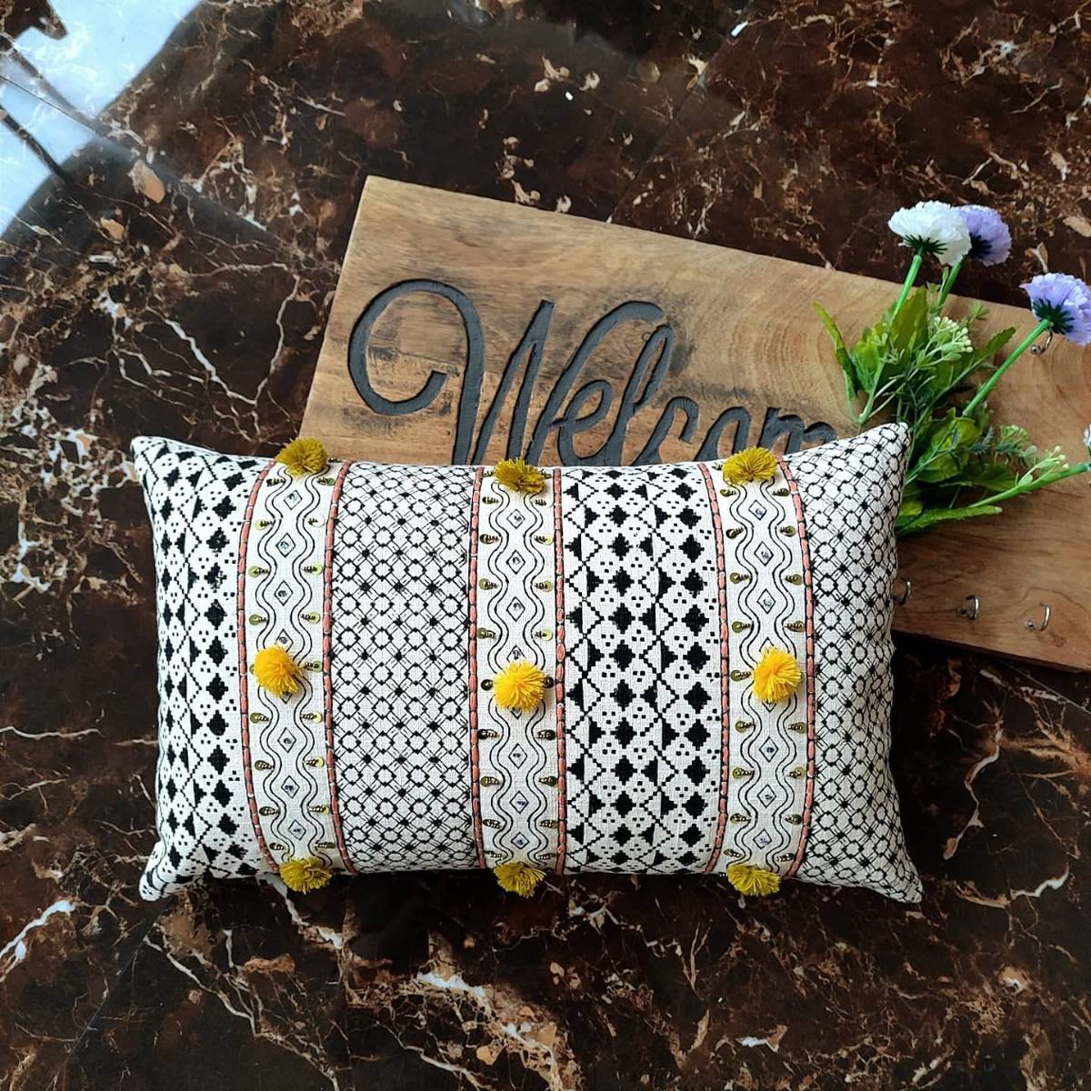 Chikonwala's Hand Block print with Handwork Cushion Covers(Set of 2 || 30x50 cm)