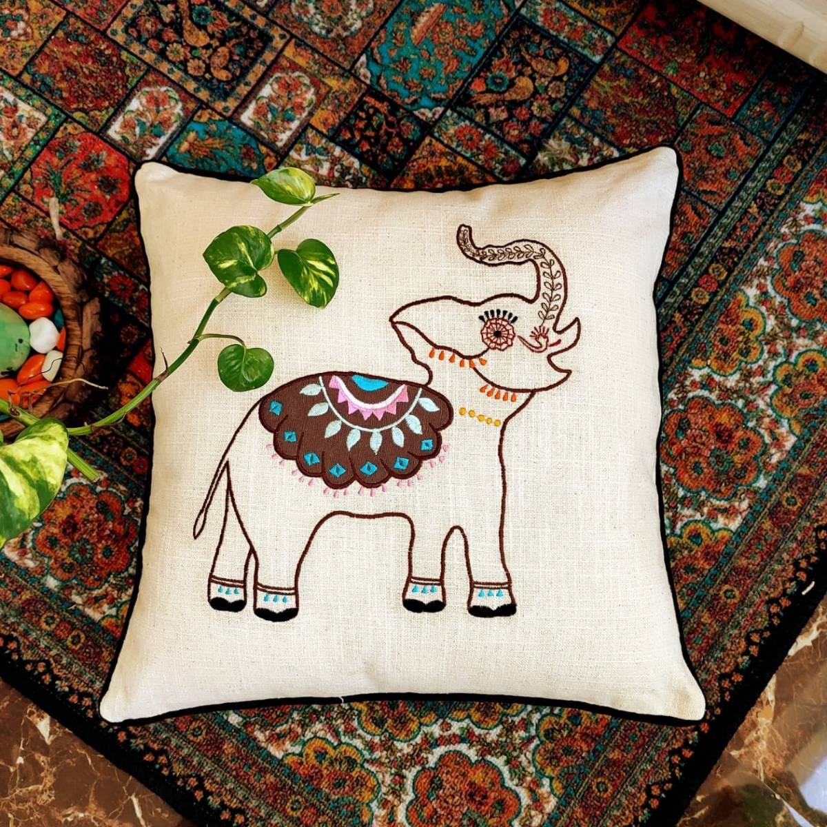 Chikonwala's Elephant Embroidered Cushion Covers(Set of 2 || 40x40 cm)