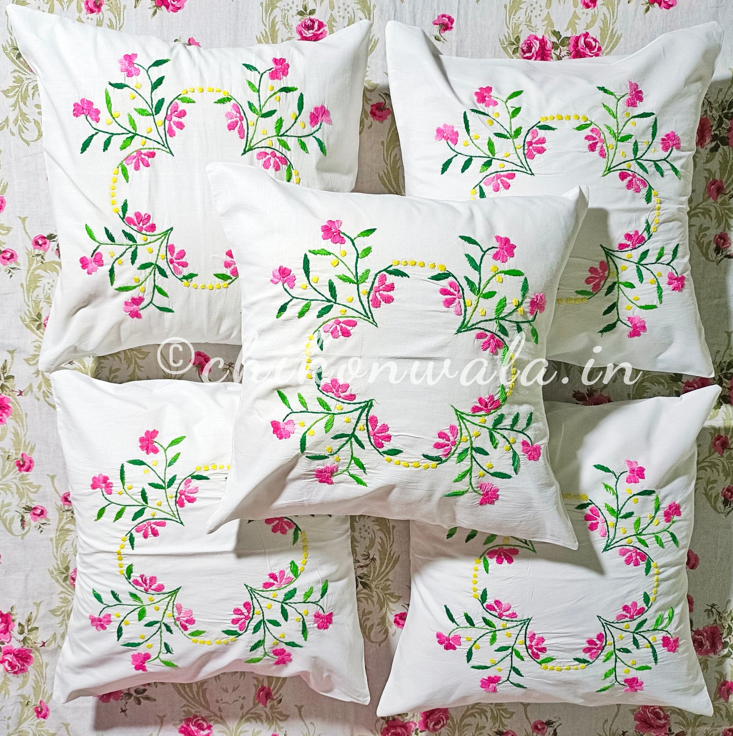Hand Embroidered Cotton Cushion Covers (Set of 5)