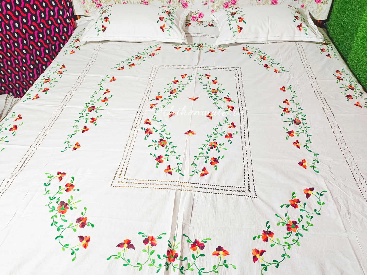 Chikonwala's Floral Embroidered Cotton Beading Bedsheet