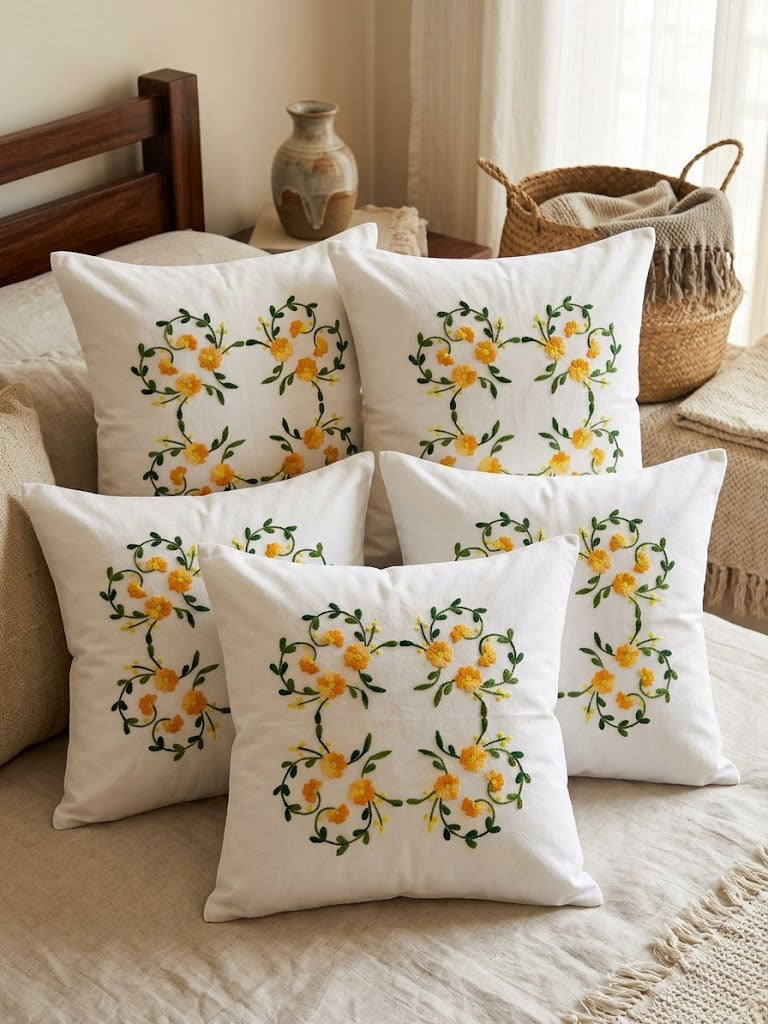 Hand Embroidered Cotton Cushion Covers (Set of 5)