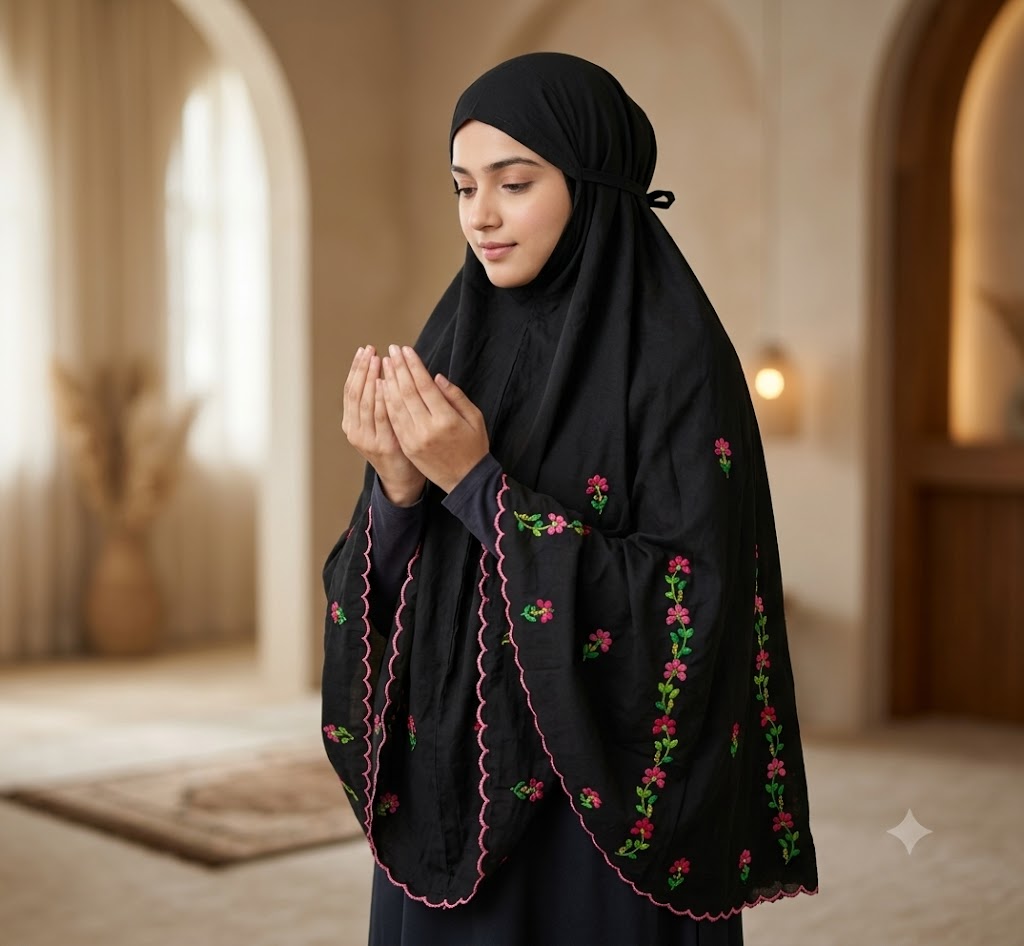 Chikonwala Hand Embroidered Cotton Islamic Namaz Hijab with Floral Embroidery