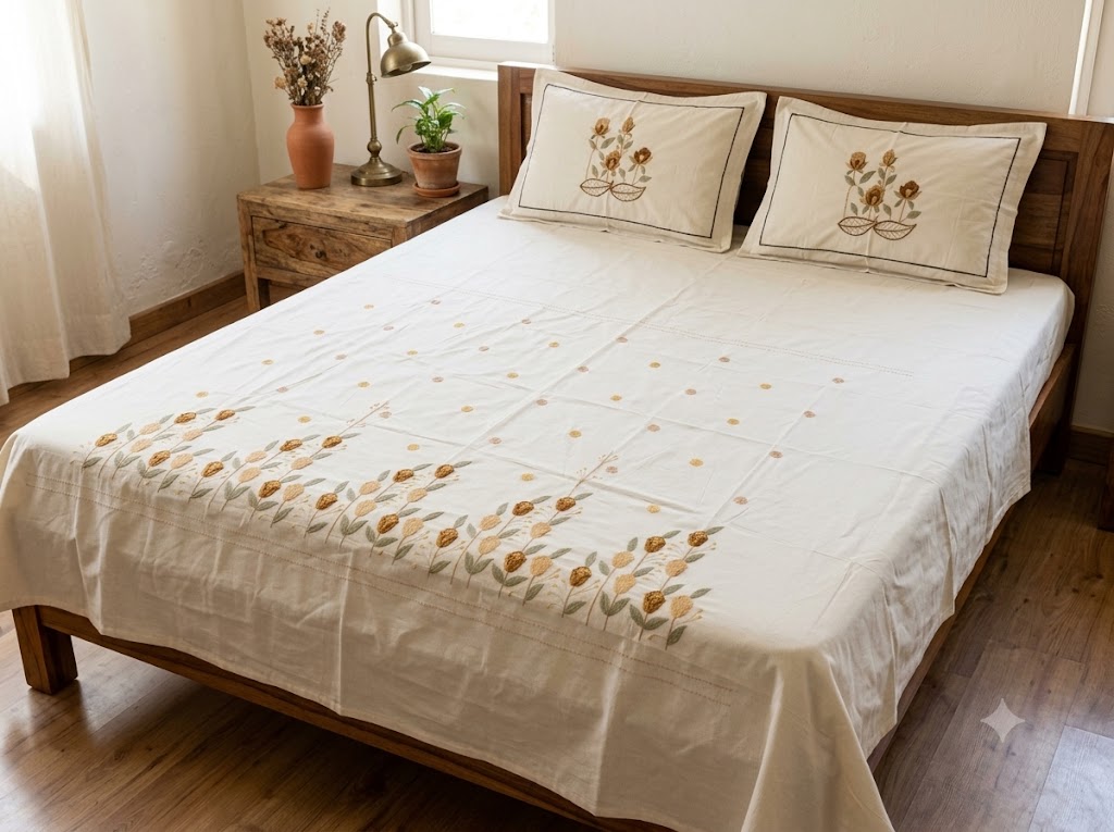 Premium Designer Embroidered Satin Cotton Bedsheet Set