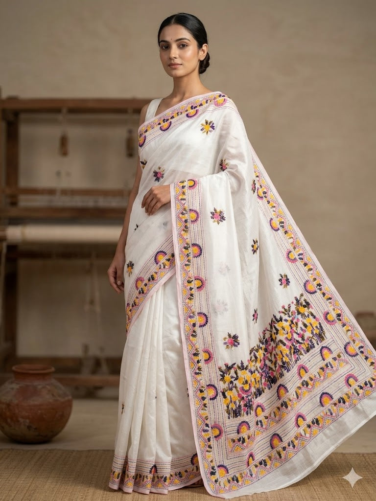 Premium Handcrafted Bullion Stitch Work Chanderi Saree with Blouse Piece