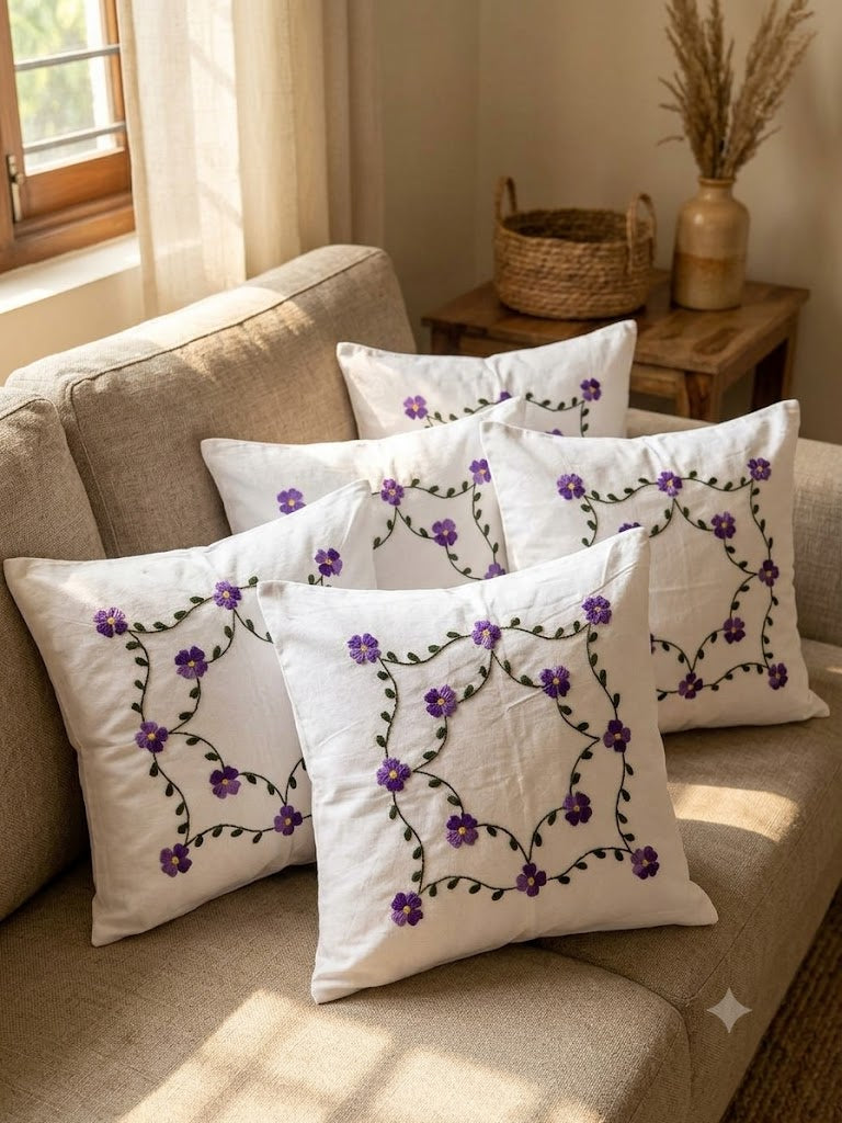 Hand Embroidered Cotton Cushion Covers (Set of 5)