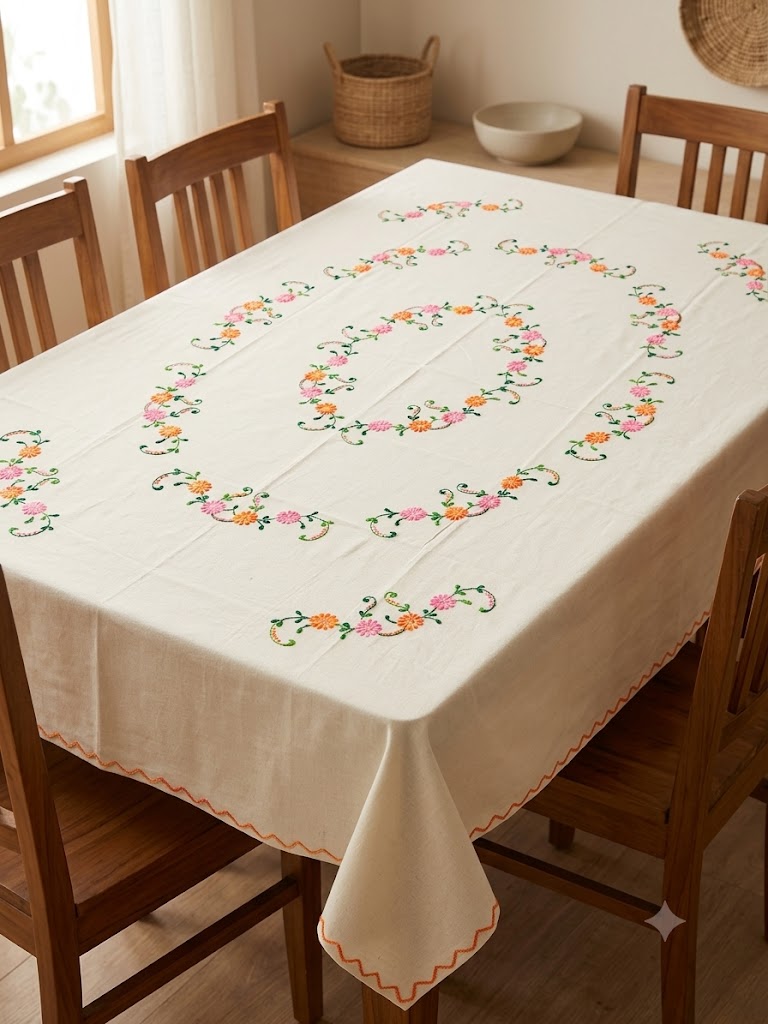 Hand Embroidered Floral Six Seater Table Cover
