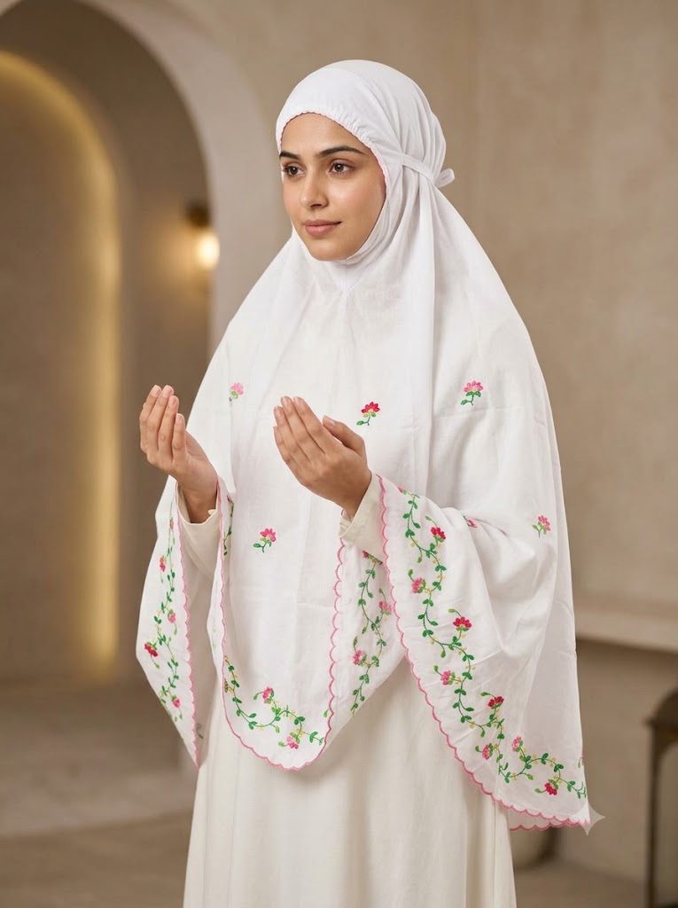 Chikonwala Hand Embroidered Cotton Islamic Namaz Hijab with Floral Embroidery