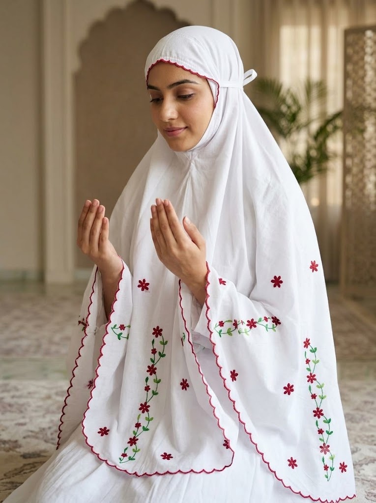 Chikonwala Hand Embroidered Cotton Islamic Namaz Hijab with Floral Embroidery