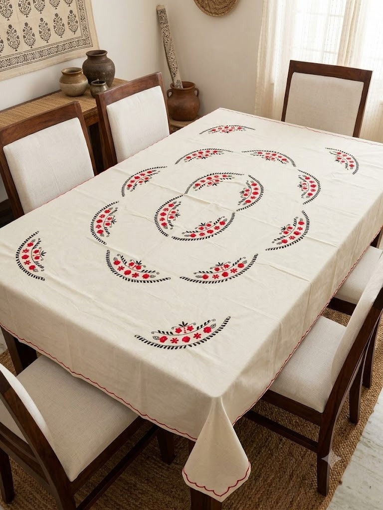 Hand Embroidered Floral Six Seater Table Cover