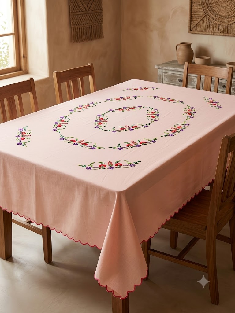 Hand Embroidered Floral Six Seater Table Cover