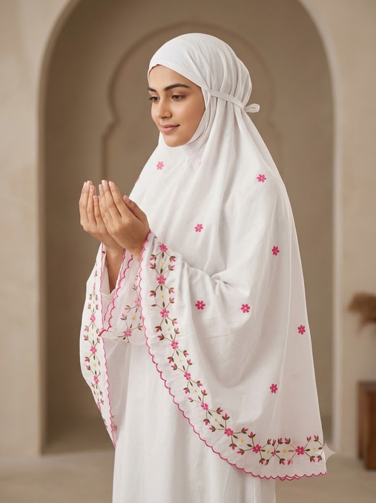 Chikonwala Hand Embroidered Cotton Islamic Namaz Hijab with Floral Embroidery