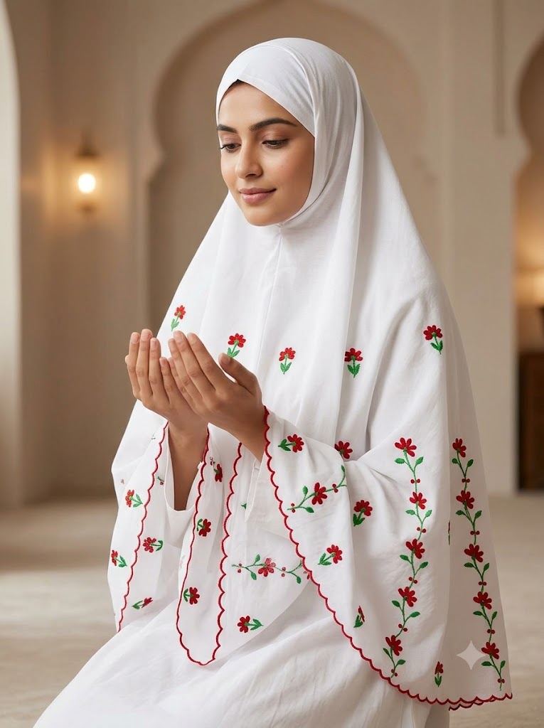 Chikonwala Hand Embroidered Cotton Islamic Namaz Hijab with Floral Embroidery