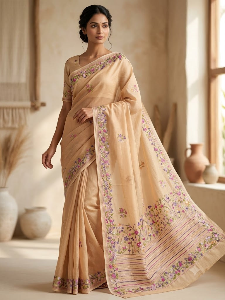 Premium Handcrafted Bullion Stitch Work Chanderi Saree with Blouse Piece