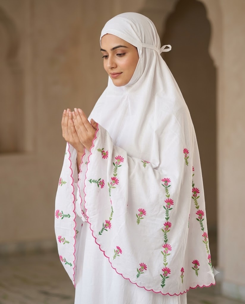 Chikonwala Hand Embroidered Cotton Islamic Namaz Hijab with Floral Embroidery