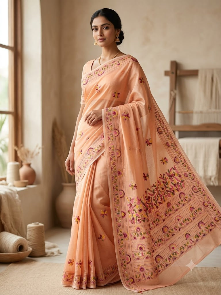 Premium Handcrafted Bullion Stitch Work Chanderi Saree with Blouse Piece