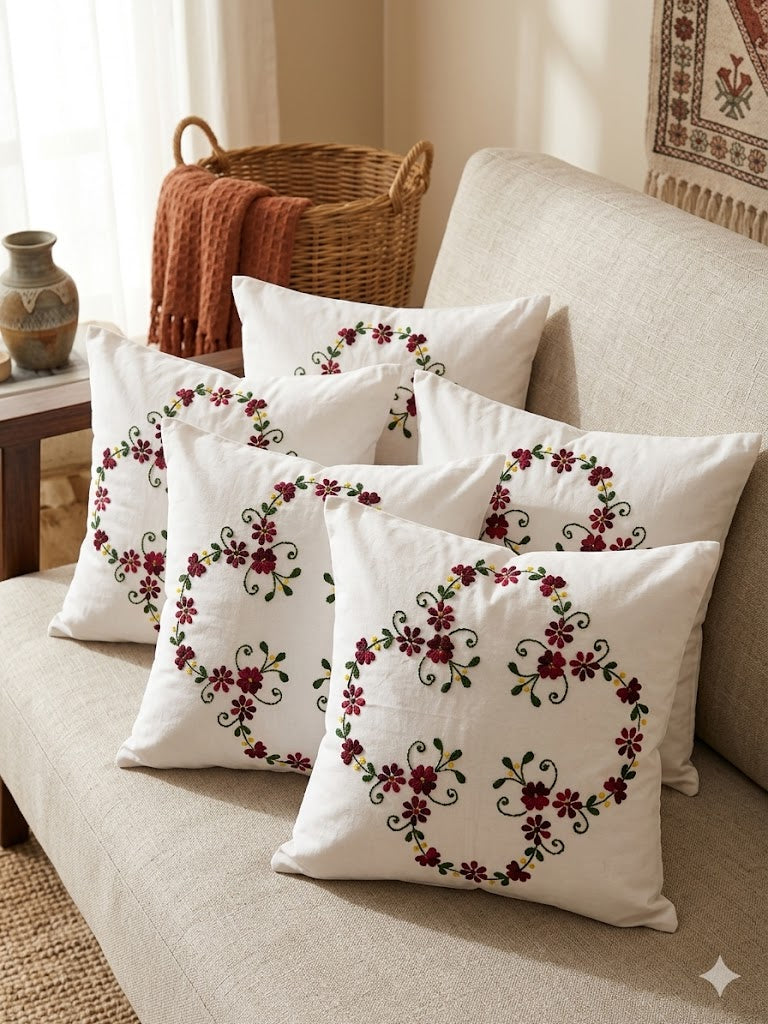 Hand Embroidered Cotton Cushion Covers (Set of 5)
