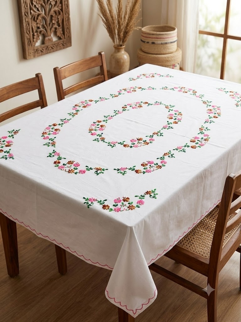 Hand Embroidered Floral Six Seater Table Cover