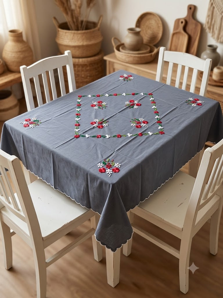 Hand Embroidered Four Seater Floral Table Cover