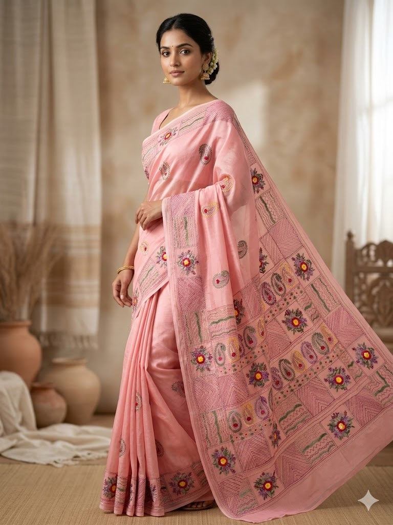Premium Handcrafted Bullion Stitch Work Chanderi Saree with Blouse Piece