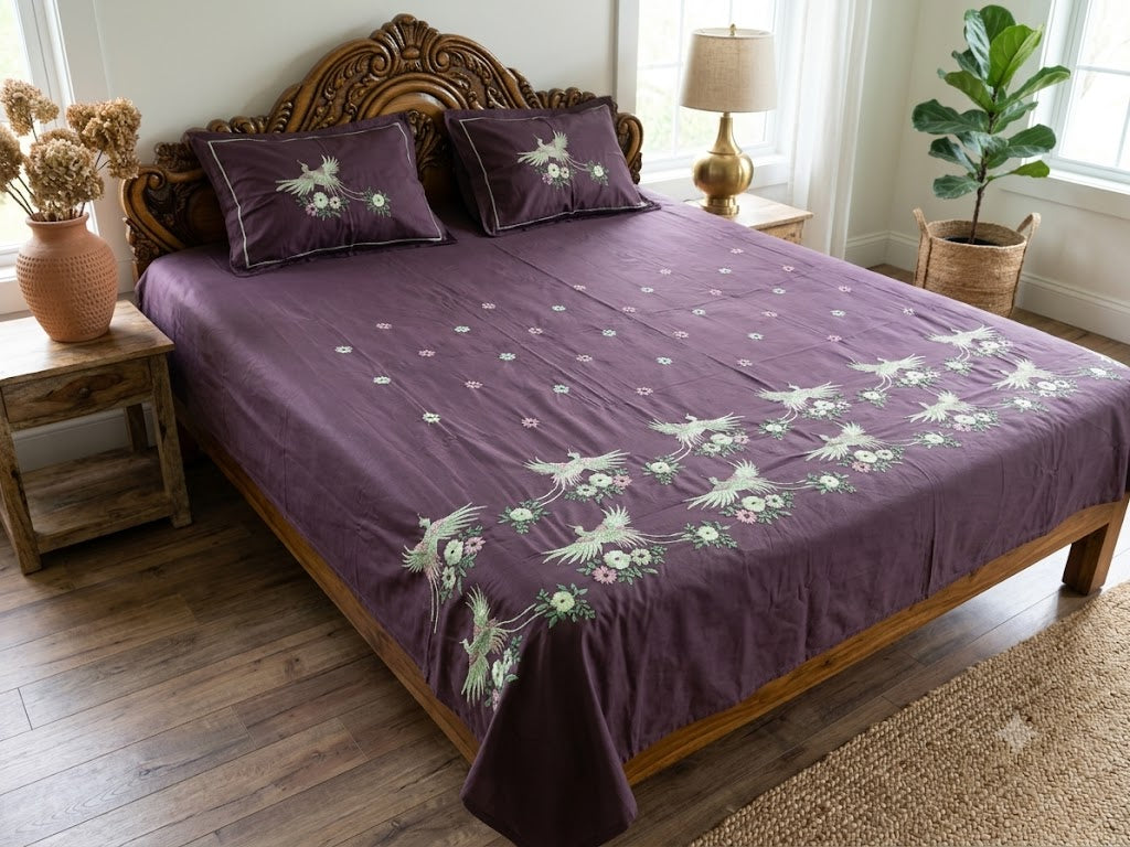 Premium Designer Embroidered Satin Cotton Bedsheet Set