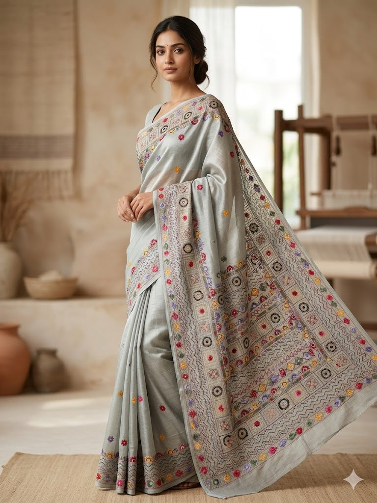 Premium Handcrafted Bullion Stitch Work Chanderi Saree with Blouse Piece