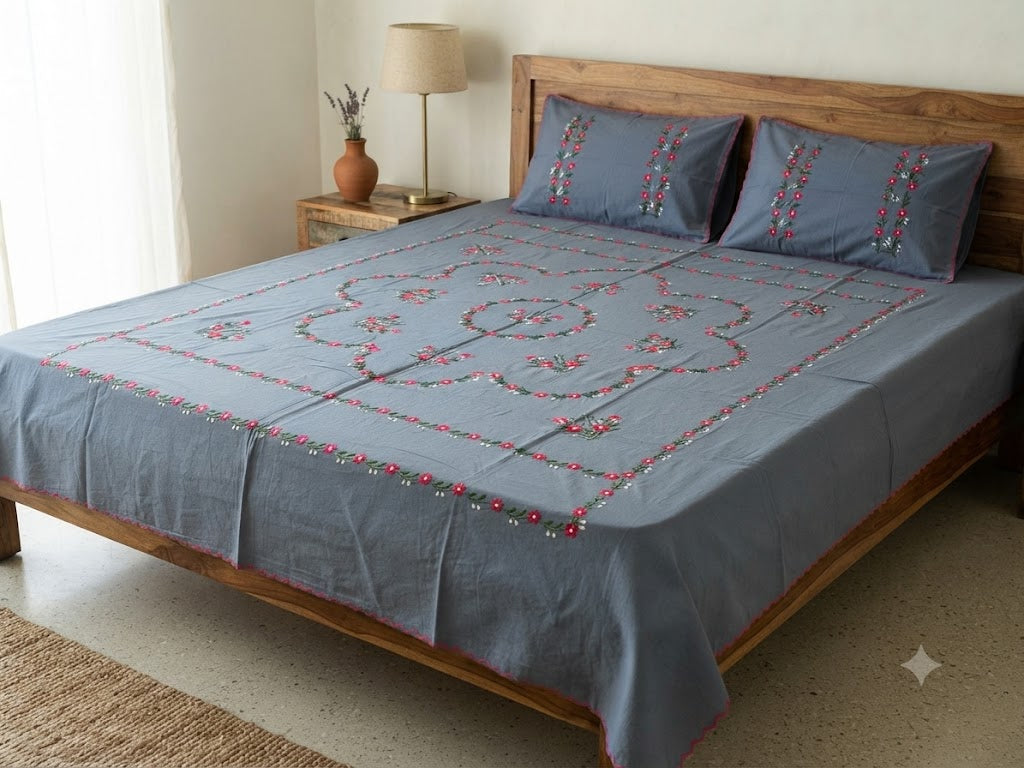 Chikonwala's Hand Embroidered Floral Design Bedsheet