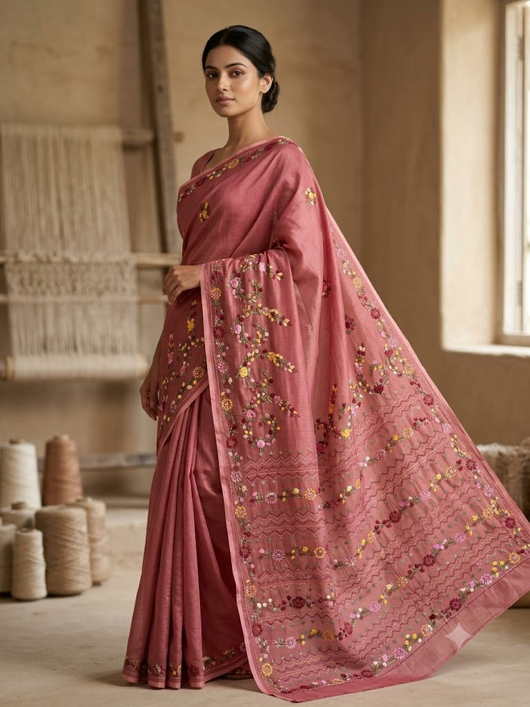Premium Handcrafted Bullion Stitch Work Chanderi Saree with Blouse Piece